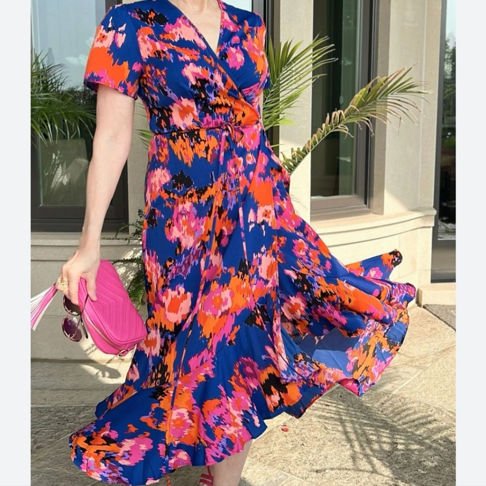 Pretty Garden Boho Painterly Wrap V-Neck Summer Maxi Dress - Multicolor XL